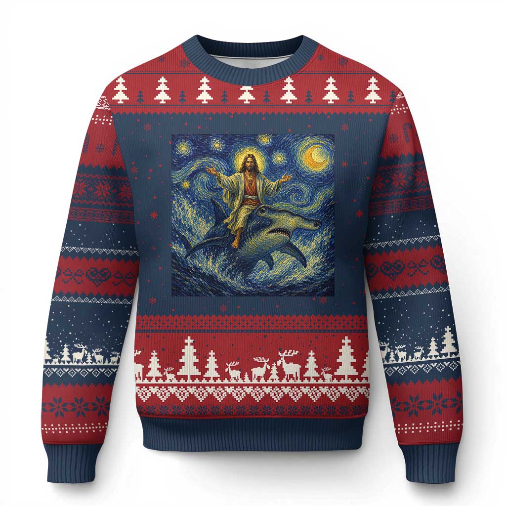 Funny Christian Jesus Riding Hammerhead Shark Ugly Christmas Sweater Starry Night Inspired Art