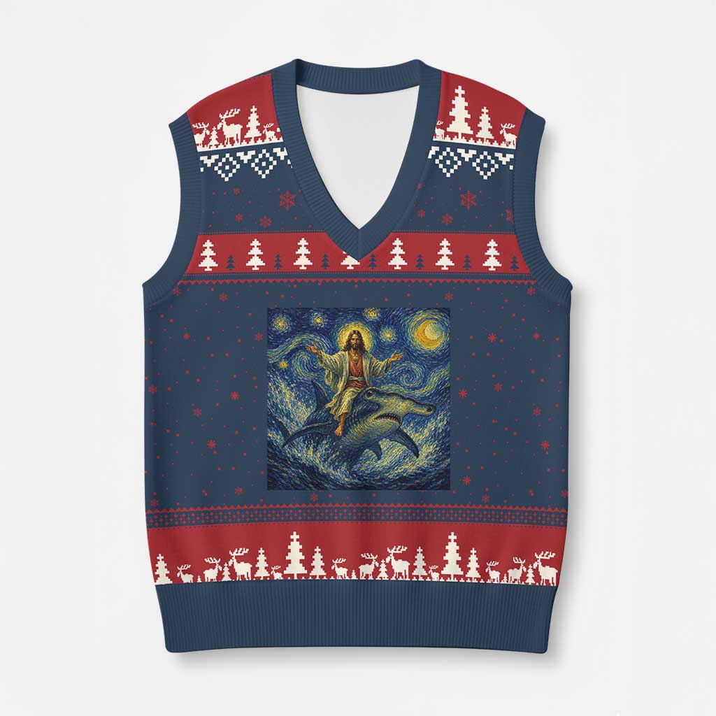 Funny Christian Jesus Riding Hammerhead Shark V-Neck Knit Sweater Vest Starry Night Inspired Art