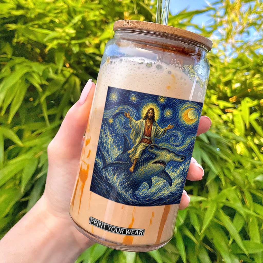 Funny Christian Jesus Riding Hammerhead Shark Glass Can Starry Night Inspired Art