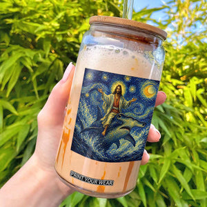 Funny Christian Jesus Riding Hammerhead Shark Glass Can Starry Night Inspired Art