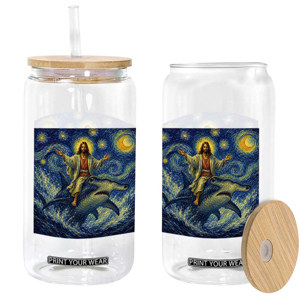 Funny Christian Jesus Riding Hammerhead Shark Glass Can Starry Night Inspired Art