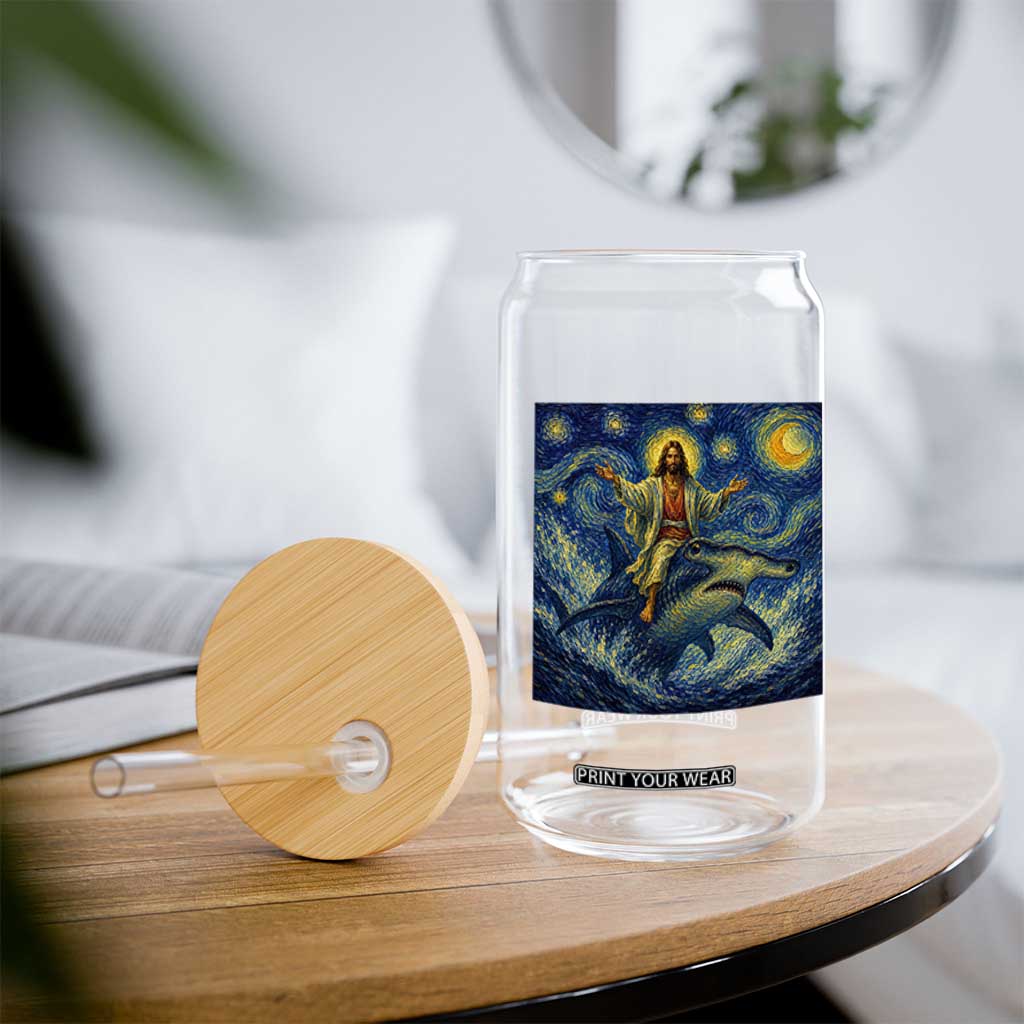 Funny Christian Jesus Riding Hammerhead Shark Glass Can Starry Night Inspired Art