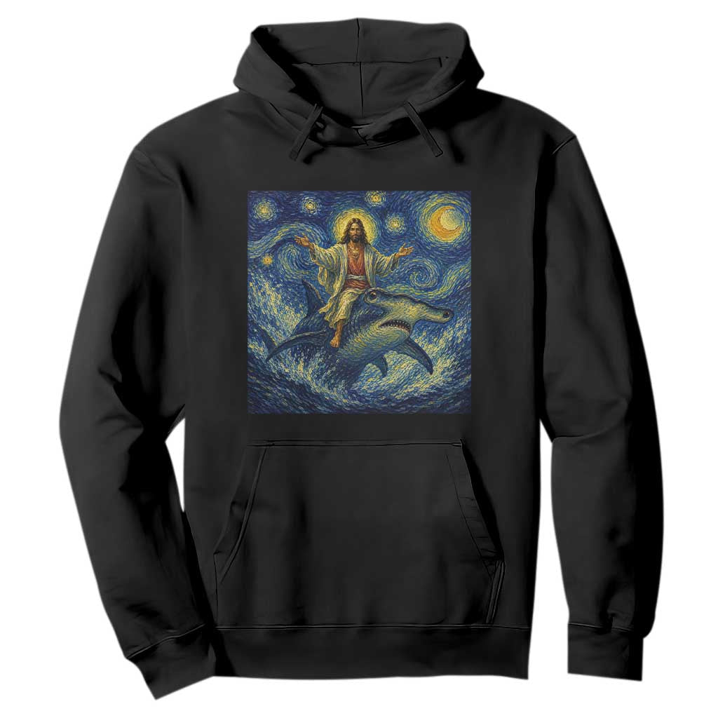 Funny Christian Jesus Riding Hammerhead Shark Hoodie Starry Night Inspired Art