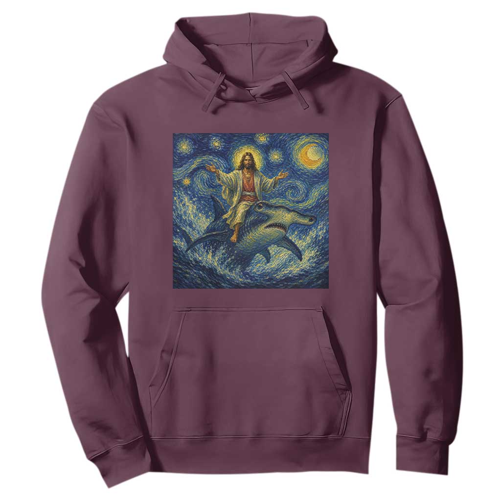 Funny Christian Jesus Riding Hammerhead Shark Hoodie Starry Night Inspired Art