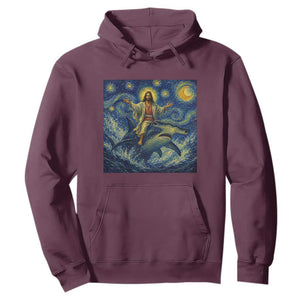 Funny Christian Jesus Riding Hammerhead Shark Hoodie Starry Night Inspired Art