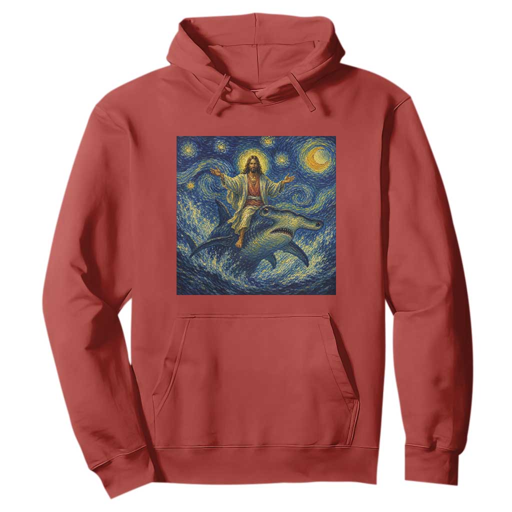 Funny Christian Jesus Riding Hammerhead Shark Hoodie Starry Night Inspired Art