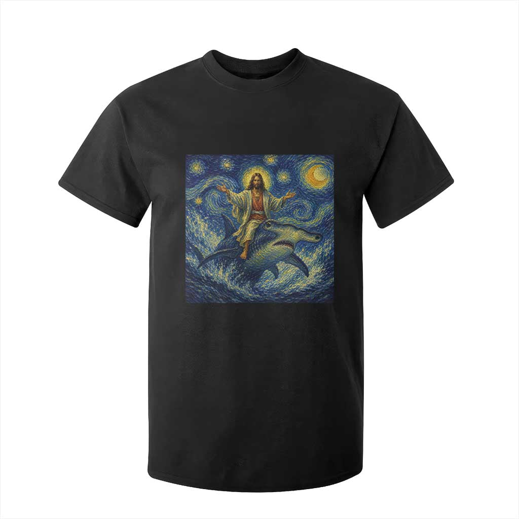 Funny Christian Jesus Riding Hammerhead Shark T Shirt For Kid Starry Night Inspired Art