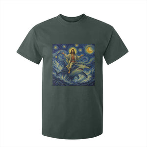 Funny Christian Jesus Riding Hammerhead Shark T Shirt For Kid Starry Night Inspired Art
