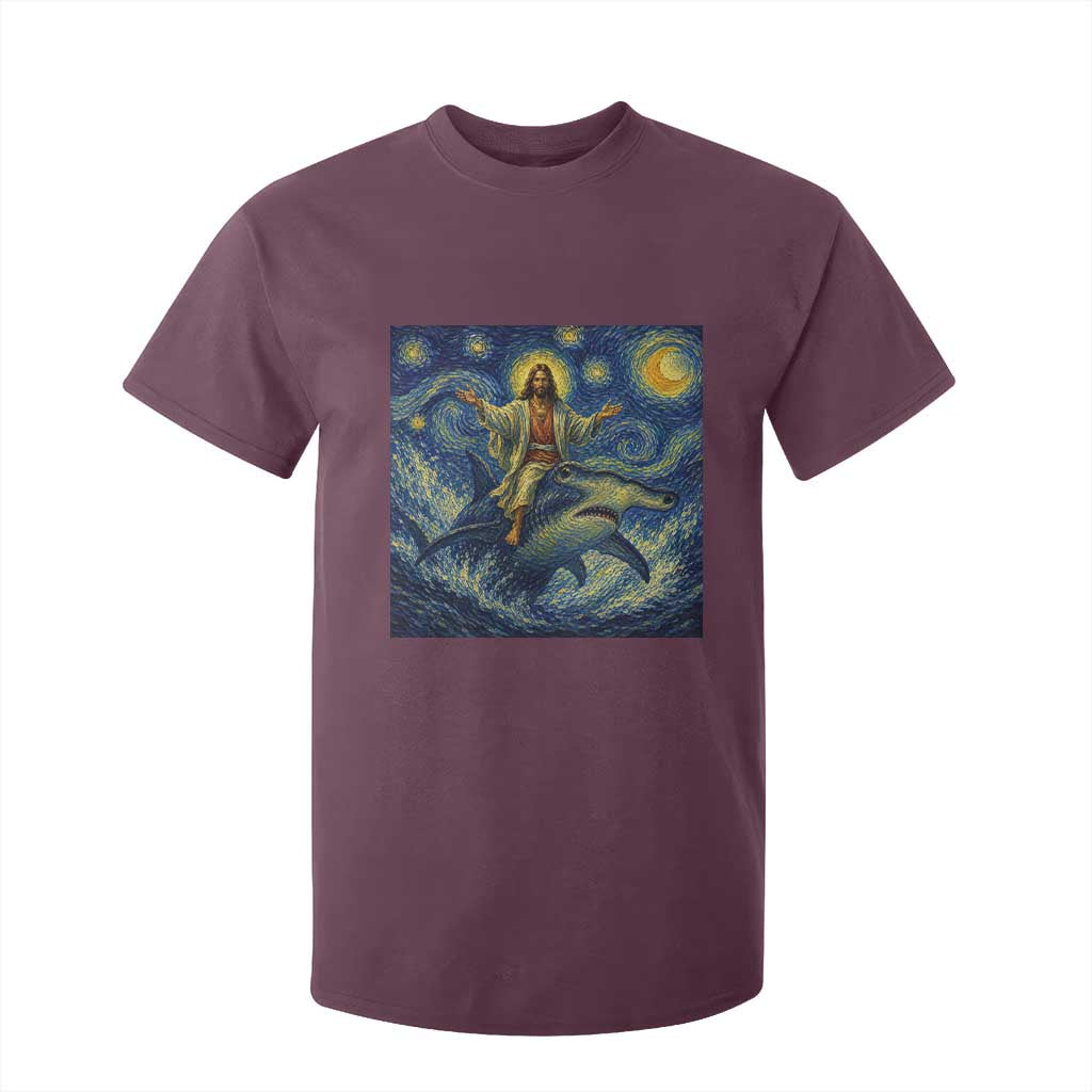 Funny Christian Jesus Riding Hammerhead Shark T Shirt For Kid Starry Night Inspired Art