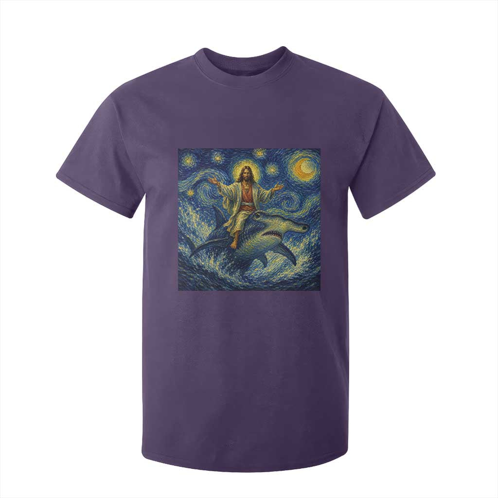 Funny Christian Jesus Riding Hammerhead Shark T Shirt For Kid Starry Night Inspired Art