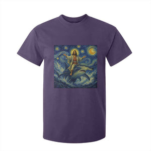 Funny Christian Jesus Riding Hammerhead Shark T Shirt For Kid Starry Night Inspired Art