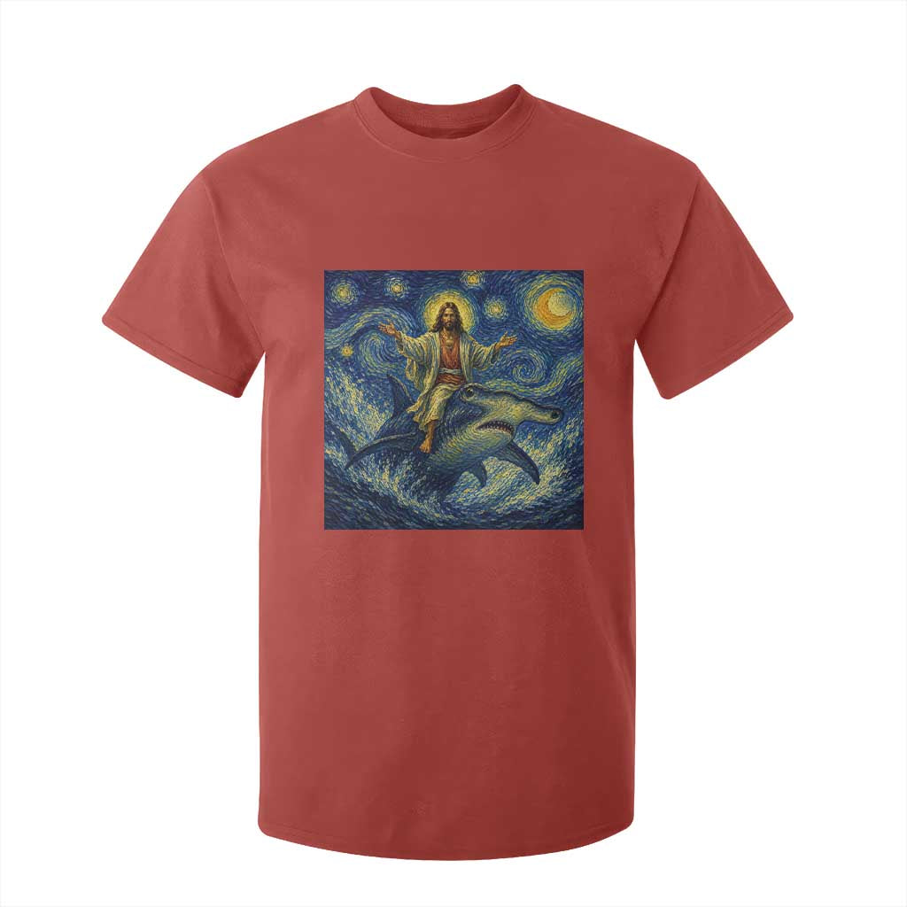 Funny Christian Jesus Riding Hammerhead Shark T Shirt For Kid Starry Night Inspired Art