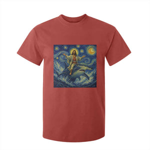 Funny Christian Jesus Riding Hammerhead Shark T Shirt For Kid Starry Night Inspired Art