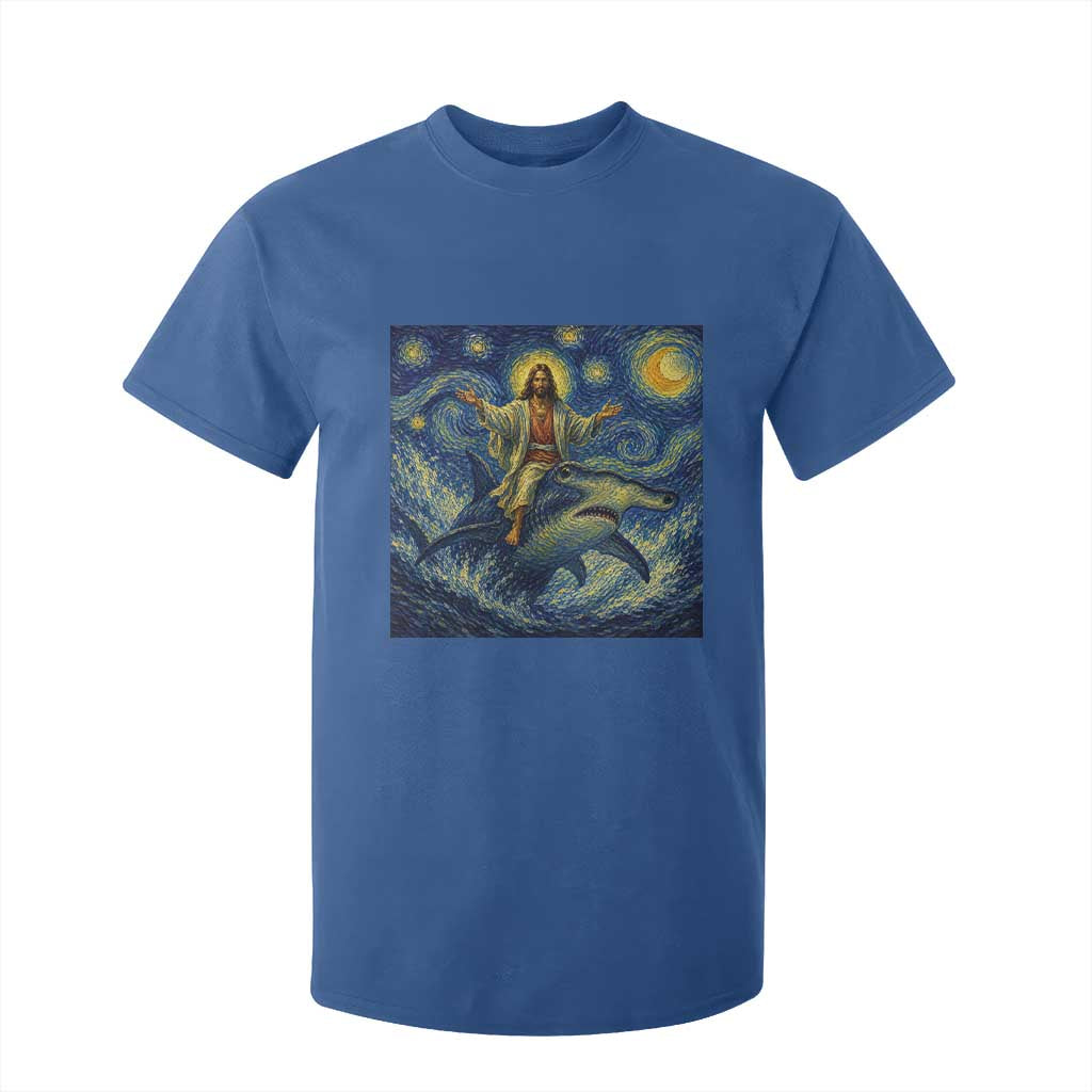 Funny Christian Jesus Riding Hammerhead Shark T Shirt For Kid Starry Night Inspired Art