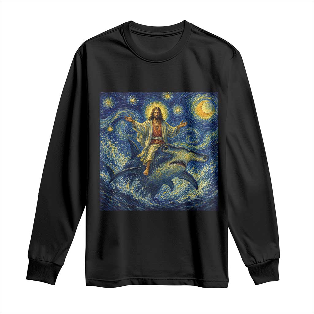Funny Christian Jesus Riding Hammerhead Shark Long Sleeve Shirt Starry Night Inspired Art