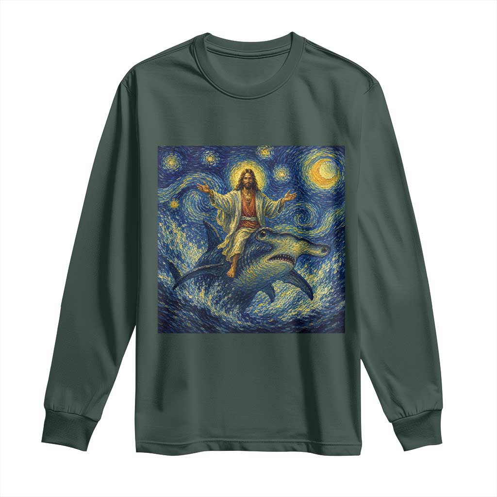 Funny Christian Jesus Riding Hammerhead Shark Long Sleeve Shirt Starry Night Inspired Art