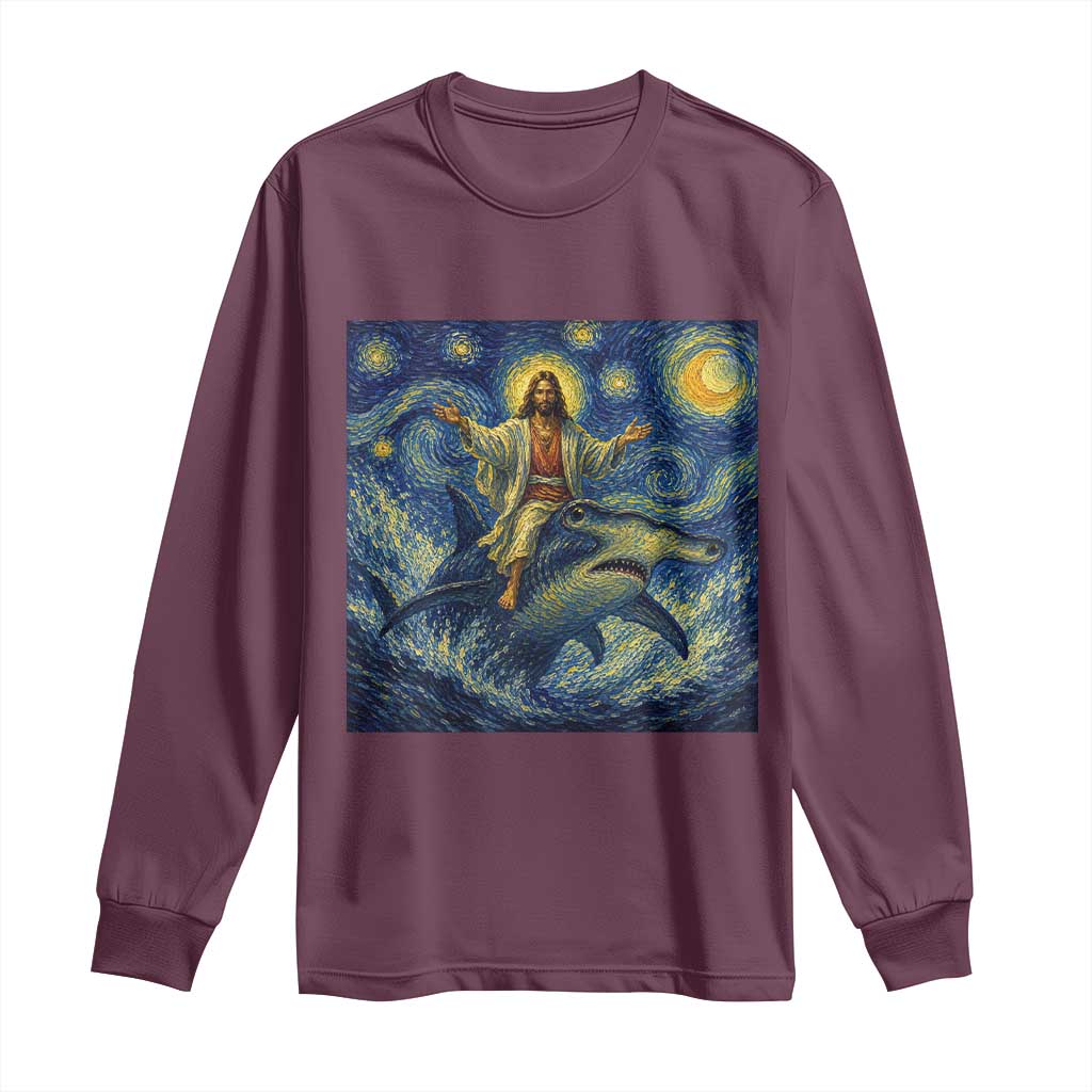 Funny Christian Jesus Riding Hammerhead Shark Long Sleeve Shirt Starry Night Inspired Art