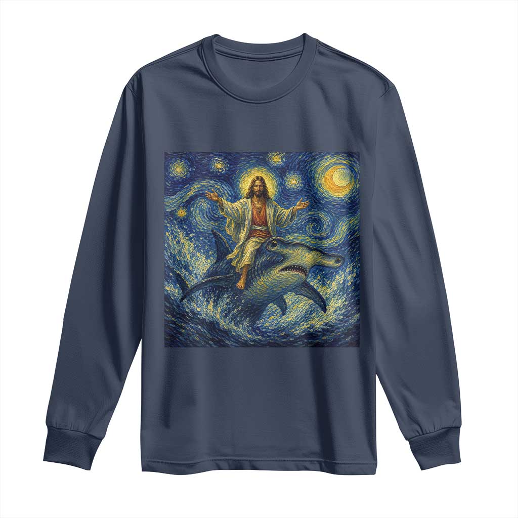 Funny Christian Jesus Riding Hammerhead Shark Long Sleeve Shirt Starry Night Inspired Art