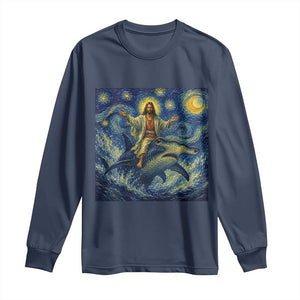 Funny Christian Jesus Riding Hammerhead Shark Long Sleeve Shirt Starry Night Inspired Art