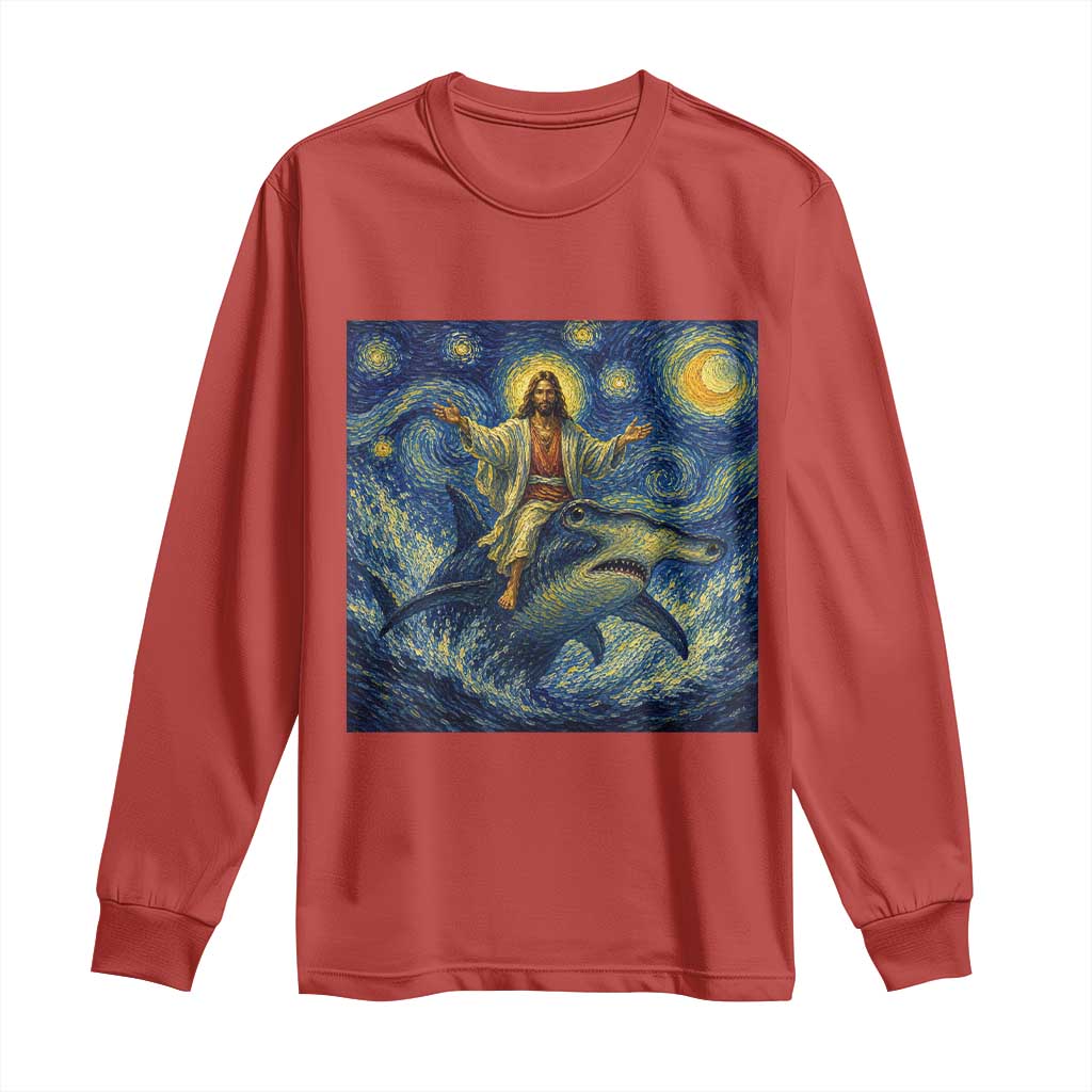 Funny Christian Jesus Riding Hammerhead Shark Long Sleeve Shirt Starry Night Inspired Art
