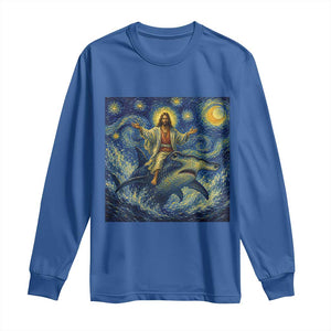 Funny Christian Jesus Riding Hammerhead Shark Long Sleeve Shirt Starry Night Inspired Art