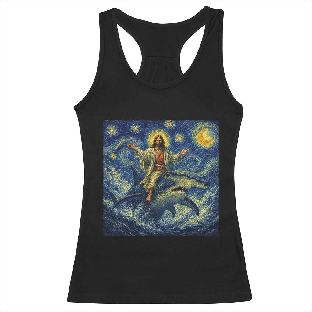 Funny Christian Jesus Riding Hammerhead Shark Racerback Tank Top Starry Night Inspired Art