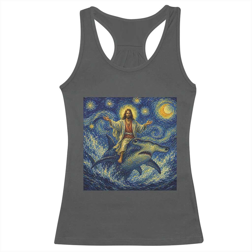 Funny Christian Jesus Riding Hammerhead Shark Racerback Tank Top Starry Night Inspired Art