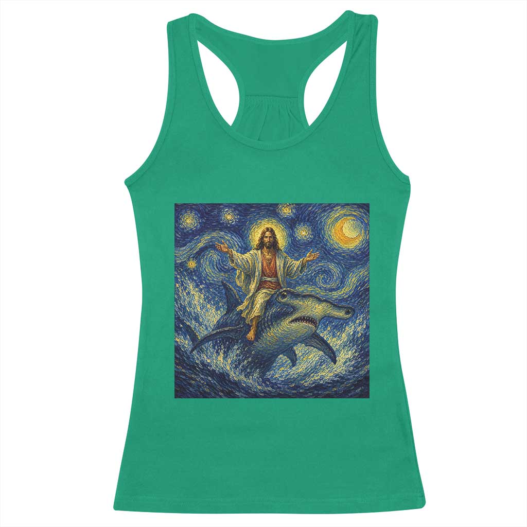 Funny Christian Jesus Riding Hammerhead Shark Racerback Tank Top Starry Night Inspired Art