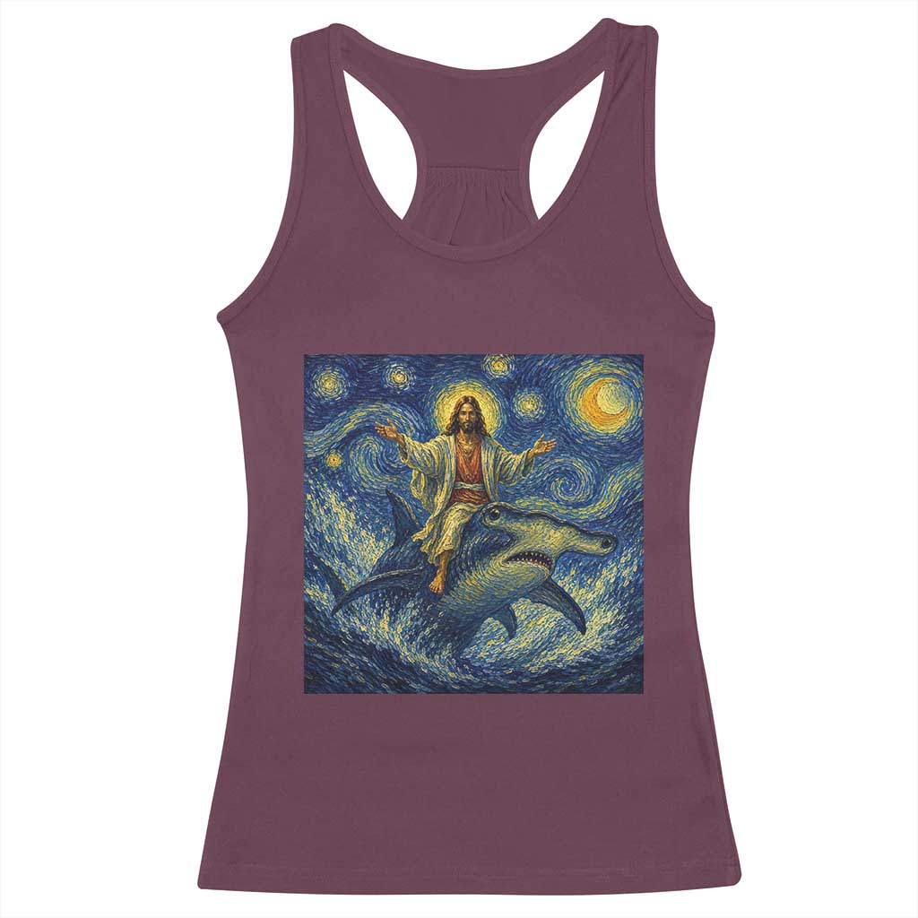 Funny Christian Jesus Riding Hammerhead Shark Racerback Tank Top Starry Night Inspired Art