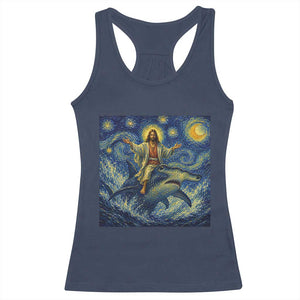 Funny Christian Jesus Riding Hammerhead Shark Racerback Tank Top Starry Night Inspired Art