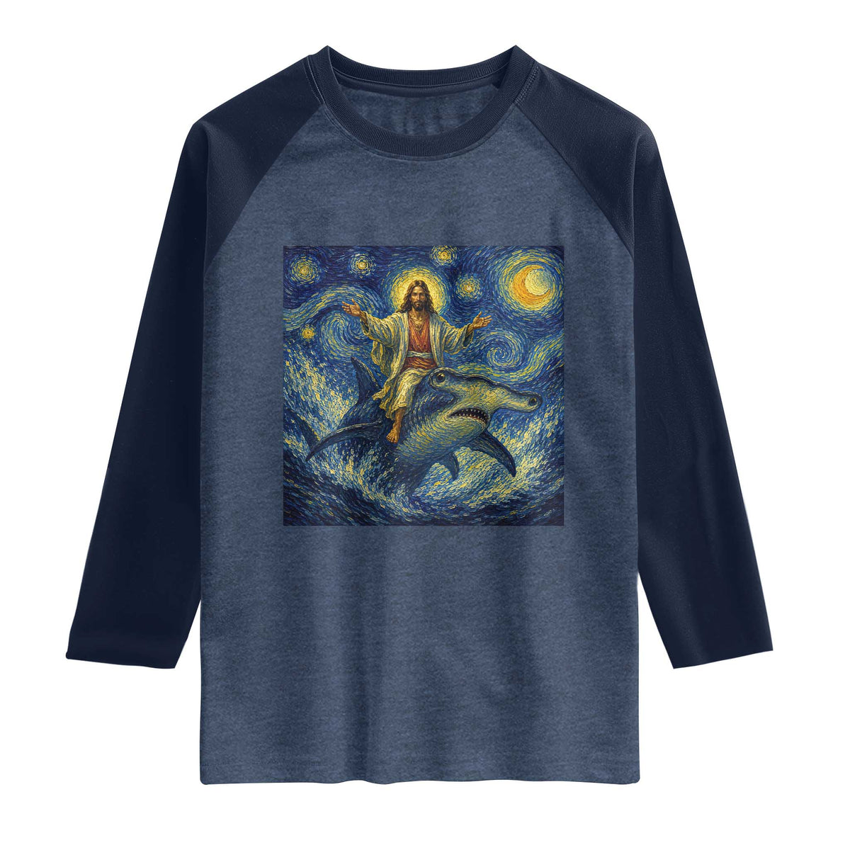 Funny Christian Jesus Riding Hammerhead Shark Raglan Shirt Starry Night Inspired Art