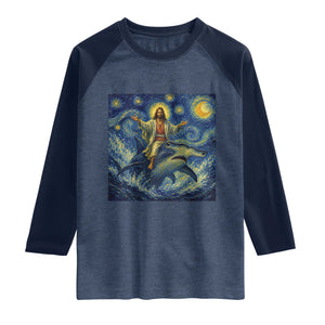 Funny Christian Jesus Riding Hammerhead Shark Raglan Shirt Starry Night Inspired Art