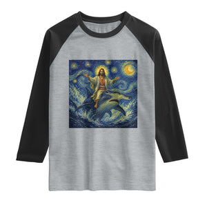 Funny Christian Jesus Riding Hammerhead Shark Raglan Shirt Starry Night Inspired Art