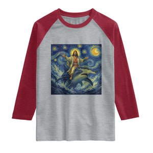 Funny Christian Jesus Riding Hammerhead Shark Raglan Shirt Starry Night Inspired Art