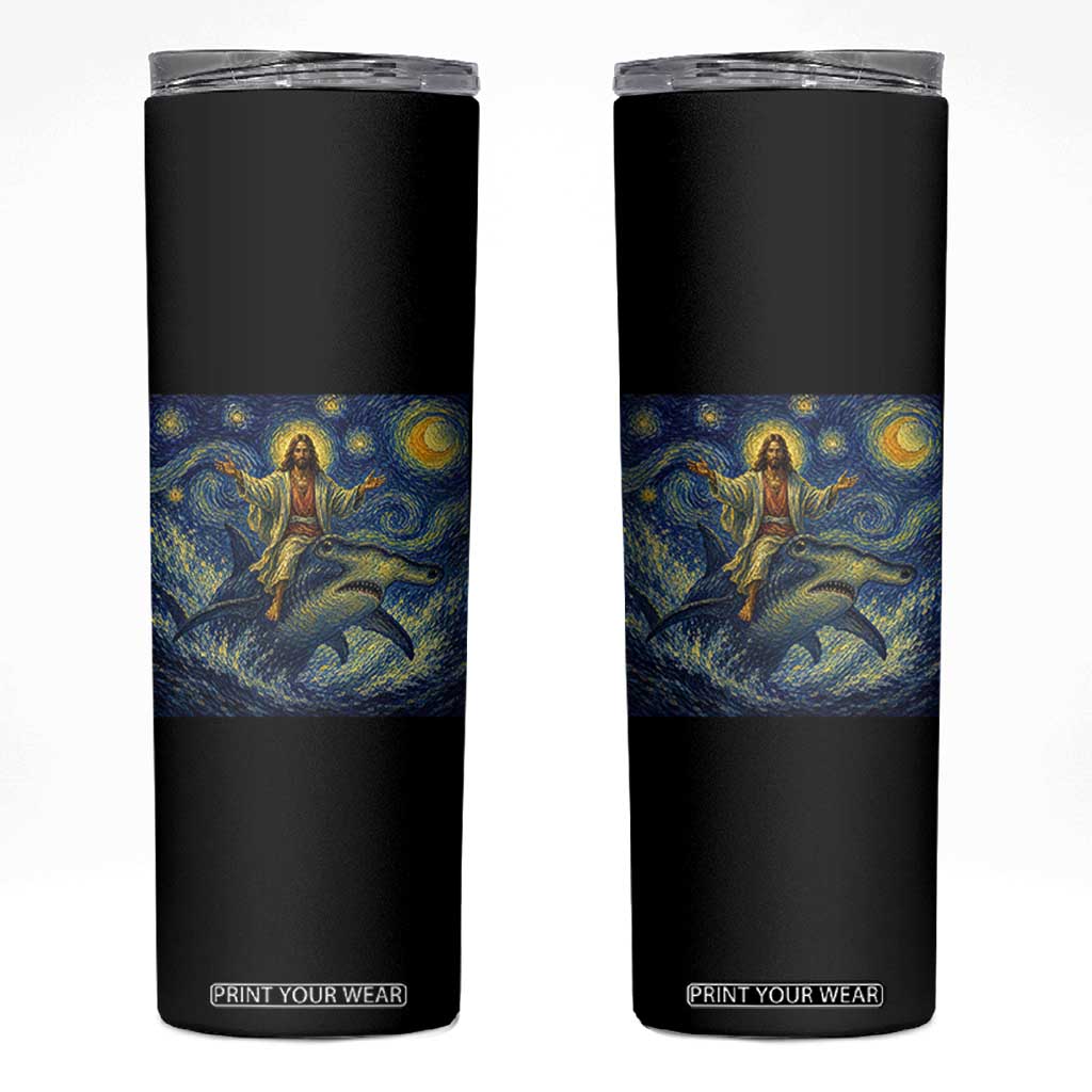 Funny Christian Jesus Riding Hammerhead Shark Skinny Tumbler Starry Night Inspired Art