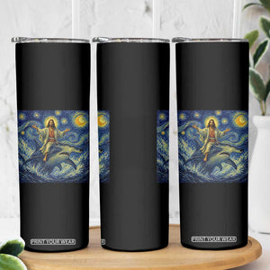 Funny Christian Jesus Riding Hammerhead Shark Skinny Tumbler Starry Night Inspired Art