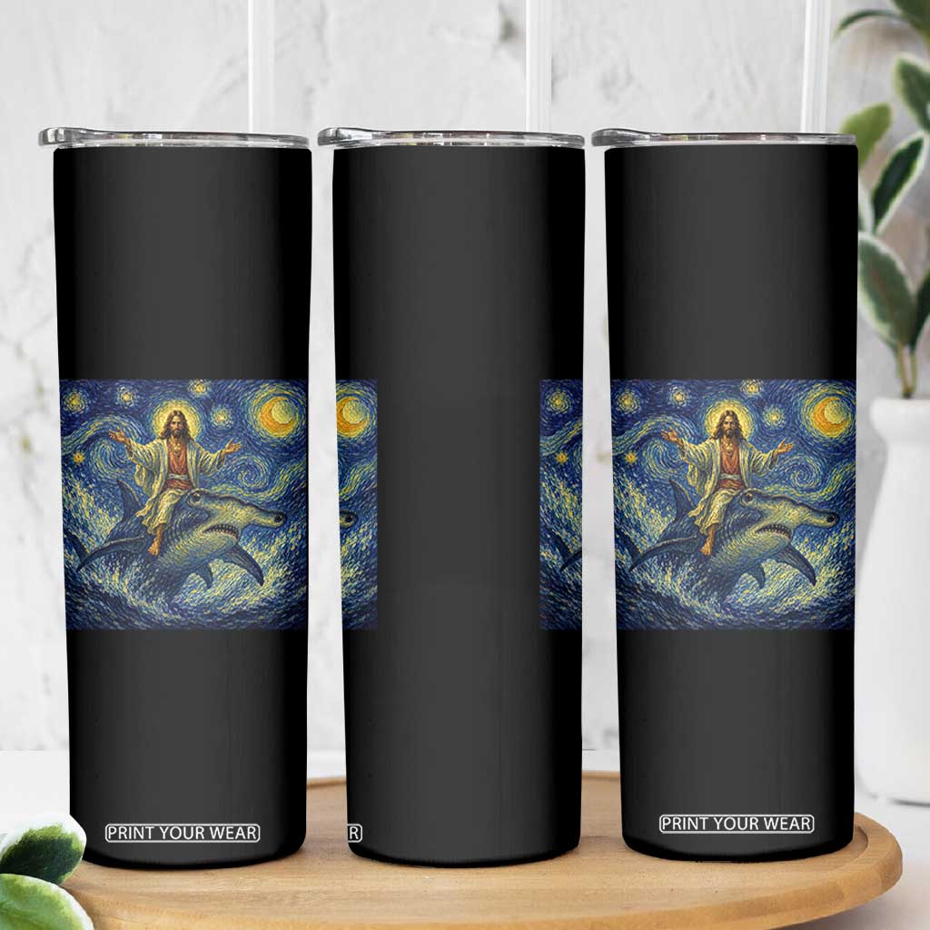 Funny Christian Jesus Riding Hammerhead Shark Skinny Tumbler Starry Night Inspired Art
