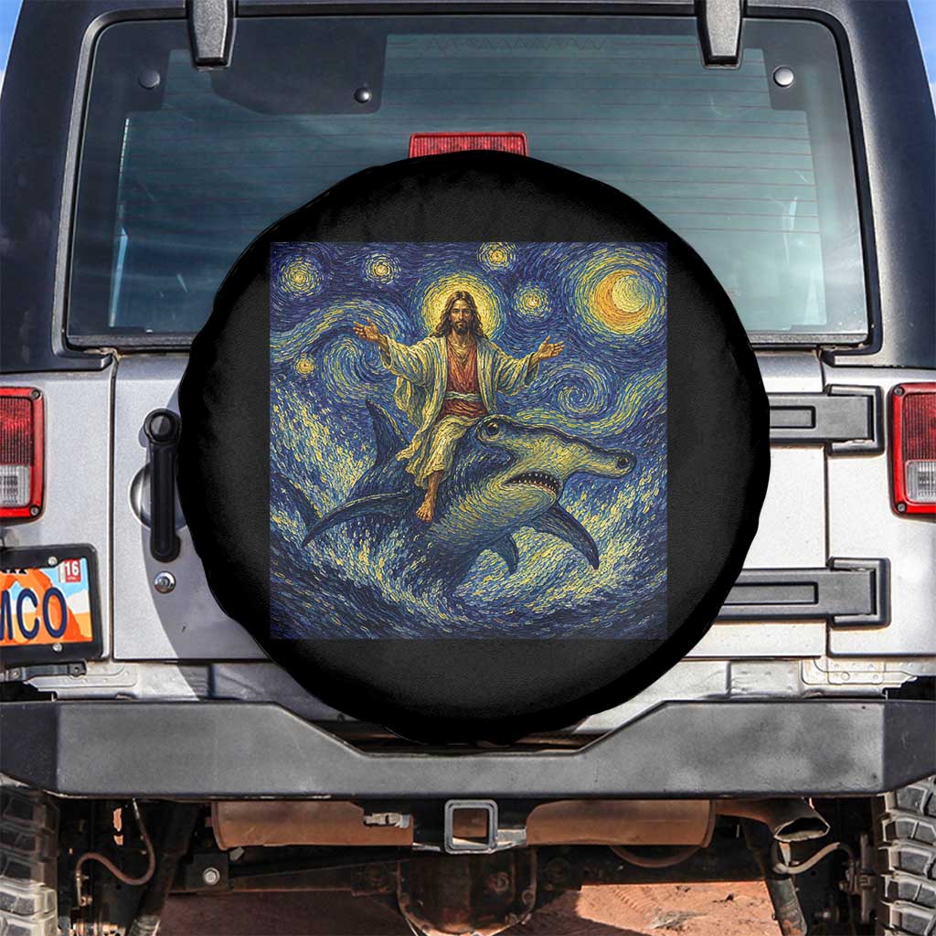 Funny Christian Jesus Riding Hammerhead Shark Spare Tire Cover Starry Night Inspired Art
