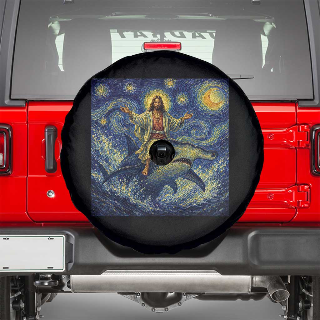 Funny Christian Jesus Riding Hammerhead Shark Spare Tire Cover Starry Night Inspired Art