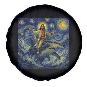 Funny Christian Jesus Riding Hammerhead Shark Spare Tire Cover Starry Night Inspired Art