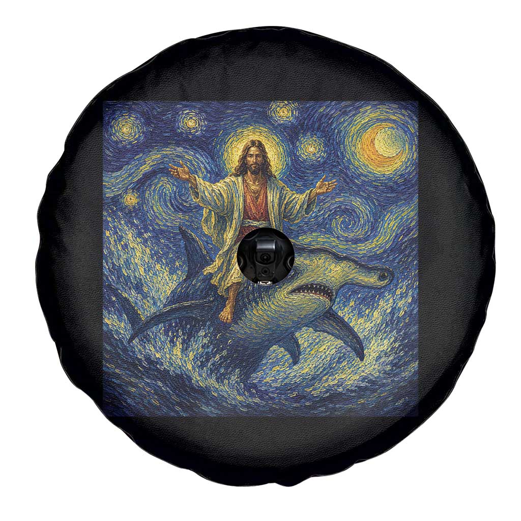 Funny Christian Jesus Riding Hammerhead Shark Spare Tire Cover Starry Night Inspired Art
