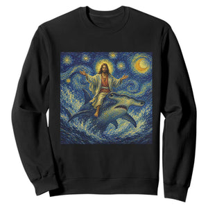 Funny Christian Jesus Riding Hammerhead Shark Sweatshirt Starry Night Inspired Art