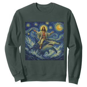 Funny Christian Jesus Riding Hammerhead Shark Sweatshirt Starry Night Inspired Art