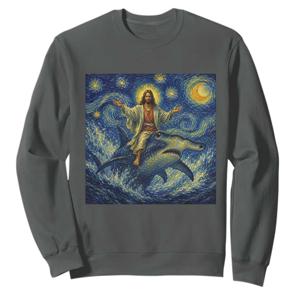 Funny Christian Jesus Riding Hammerhead Shark Sweatshirt Starry Night Inspired Art