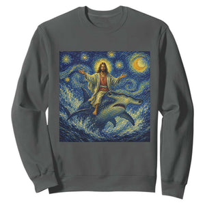 Funny Christian Jesus Riding Hammerhead Shark Sweatshirt Starry Night Inspired Art