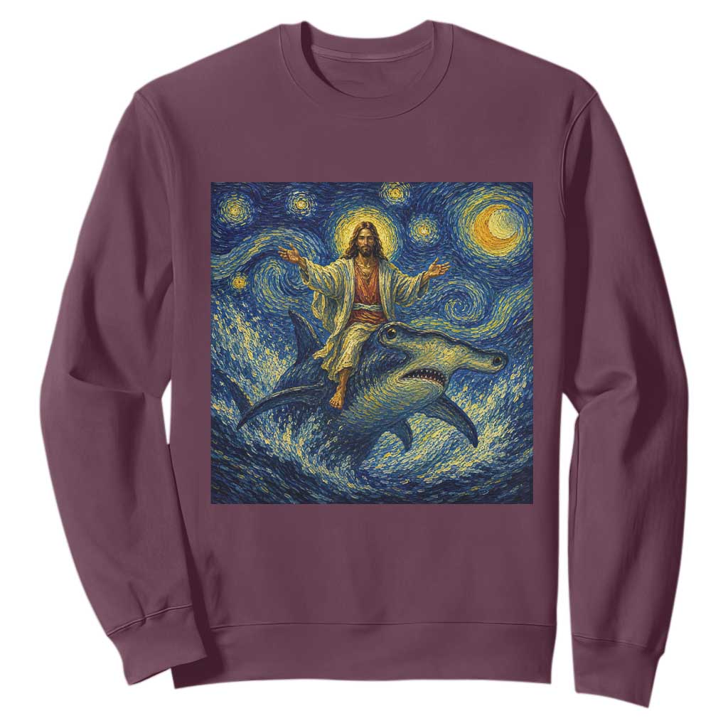 Funny Christian Jesus Riding Hammerhead Shark Sweatshirt Starry Night Inspired Art