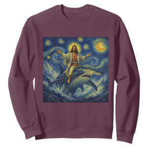 Funny Christian Jesus Riding Hammerhead Shark Sweatshirt Starry Night Inspired Art