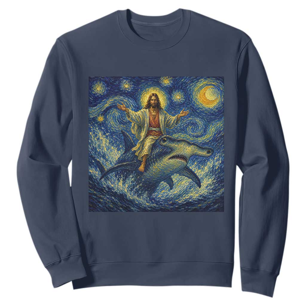 Funny Christian Jesus Riding Hammerhead Shark Sweatshirt Starry Night Inspired Art