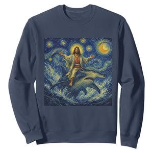 Funny Christian Jesus Riding Hammerhead Shark Sweatshirt Starry Night Inspired Art