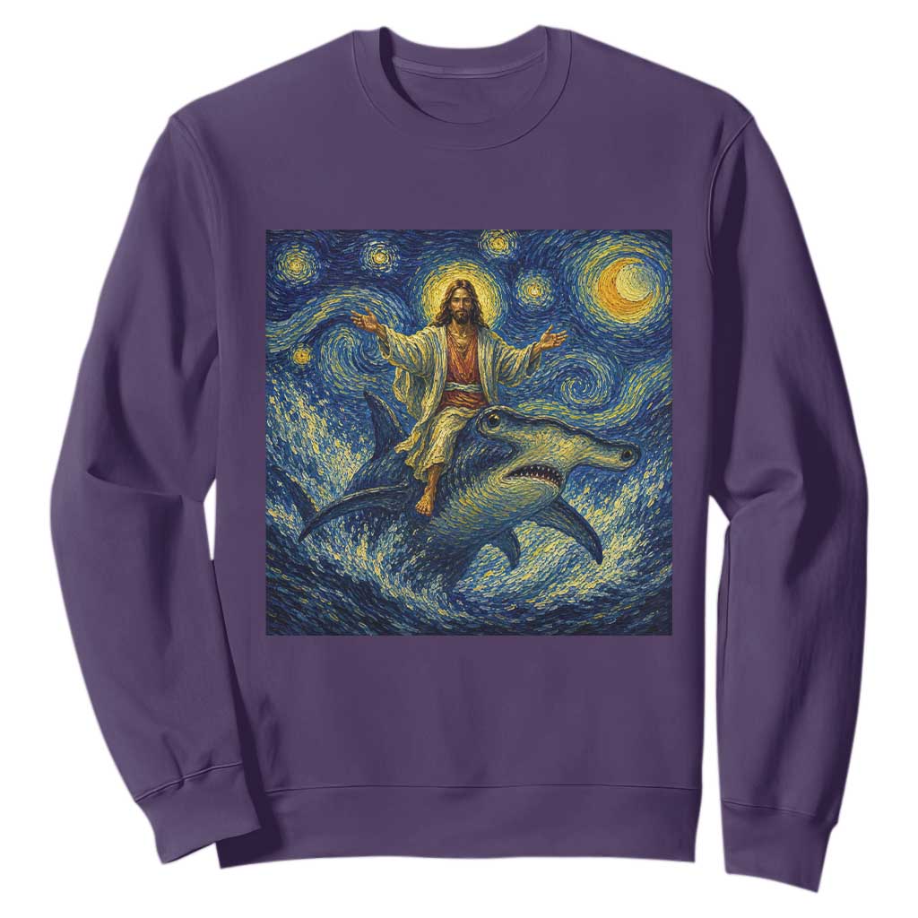 Funny Christian Jesus Riding Hammerhead Shark Sweatshirt Starry Night Inspired Art